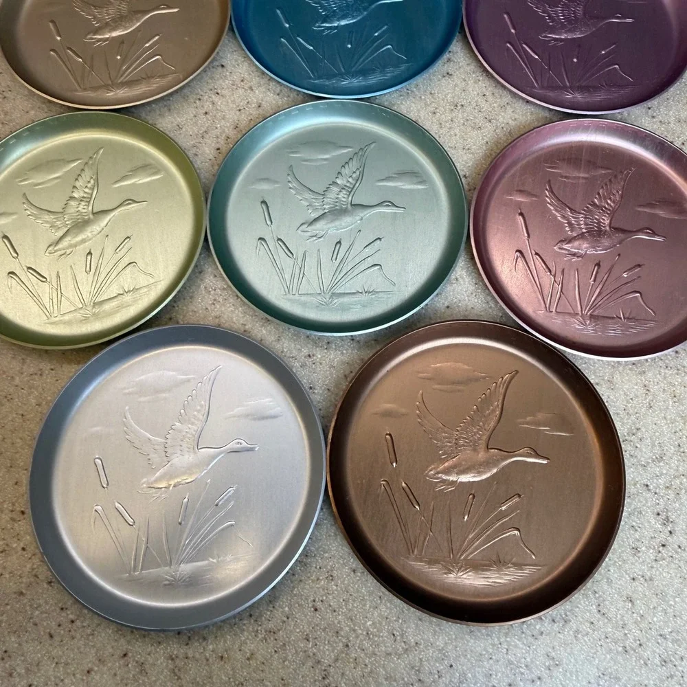 Vintage Anodized Aluminum Coasters Set of 8 Embossed Flying Duck Mallard Pastels